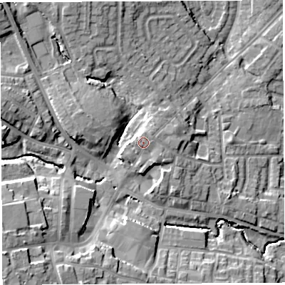 Shaded relief map of the ground around WN48AA, computed from Environment Agency LiDAR. The ground here sits at about 50 m above sea level and falls 18 m across the surrounding 800 m. Surface water reaching this point runs off ground lying to the north-north-east, 0.6 m higher.