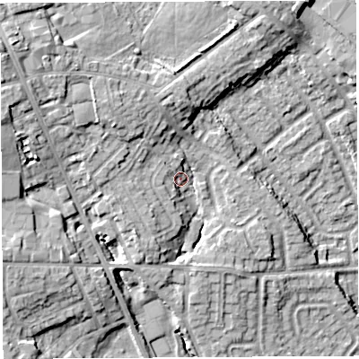 Shaded relief map of the ground around WN48AF, computed from Environment Agency LiDAR. The ground here sits at about 52 m above sea level and falls 17 m across the surrounding 800 m. Surface water reaching this point runs off ground lying to the west-north-west, 10.2 m higher.