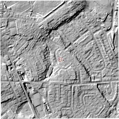 Shaded relief map of the ground around WN48BD, computed from Environment Agency LiDAR. The ground here sits at about 51 m above sea level and falls 16 m across the surrounding 800 m. Surface water reaching this point runs off ground lying to the north-west, 9.2 m higher.
