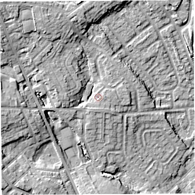 Shaded relief map of the ground around WN48BE, computed from Environment Agency LiDAR. The ground here sits at about 52 m above sea level and falls 16 m across the surrounding 800 m. Surface water reaching this point runs off ground lying to the south-south-west, 1.6 m higher.