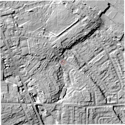 Shaded relief map of the ground around WN48BG, computed from Environment Agency LiDAR. The ground here sits at about 51 m above sea level and falls 17 m across the surrounding 800 m. Surface water reaching this point runs off ground lying to the west-north-west, 7.7 m higher.
