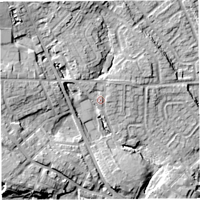 Shaded relief map of the ground around WN48LD, computed from Environment Agency LiDAR. The ground here sits at about 52 m above sea level and falls 16 m across the surrounding 800 m. Surface water reaching this point runs off ground lying to the north-north-west, 3.4 m higher.