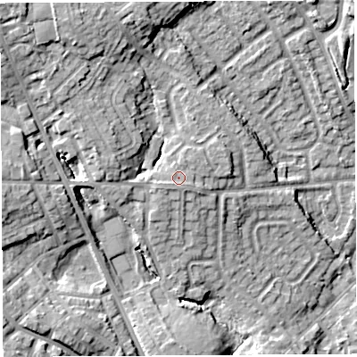 Shaded relief map of the ground around WN48LG, computed from Environment Agency LiDAR. The ground here sits at about 52 m above sea level and falls 16 m across the surrounding 800 m. Surface water reaching this point runs off ground lying to the south-west, 0.8 m higher.