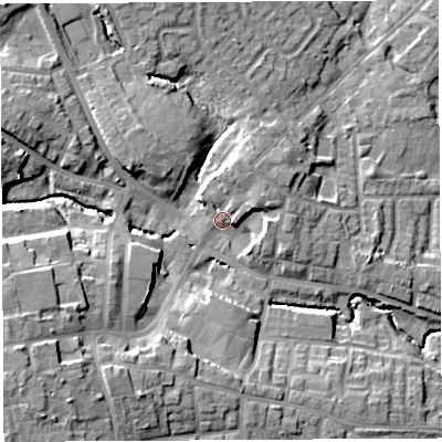 Shaded relief map of the ground around WN48PA, computed from Environment Agency LiDAR. The ground here sits at about 48 m above sea level and falls 18 m across the surrounding 800 m. Surface water reaching this point runs off ground lying to the west-south-west, 13.7 m higher.
