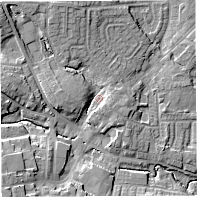 Shaded relief map of the ground around WN48QQ, computed from Environment Agency LiDAR. The ground here sits at about 48 m above sea level and falls 18 m across the surrounding 800 m. Surface water reaching this point runs off ground lying to the west, 9.5 m higher.