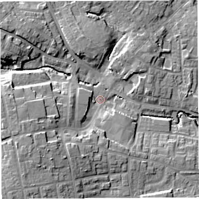Shaded relief map of the ground around WN49AA, computed from Environment Agency LiDAR. The ground here sits at about 47 m above sea level and falls 17 m across the surrounding 800 m. Surface water reaching this point runs off ground lying to the west-south-west, 12.1 m higher.