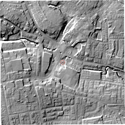 Shaded relief map of the ground around WN49AB, computed from Environment Agency LiDAR. The ground here sits at about 47 m above sea level and falls 17 m across the surrounding 800 m. Surface water reaching this point runs off ground lying to the south-south-west, 8.7 m higher.