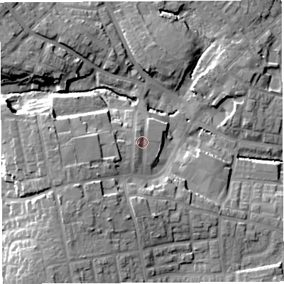 Shaded relief map of the ground around WN49AF, computed from Environment Agency LiDAR. The ground here sits at about 53 m above sea level and falls 15 m across the surrounding 800 m. Surface water reaching this point runs off ground lying to the south-south-west, 2.4 m higher.