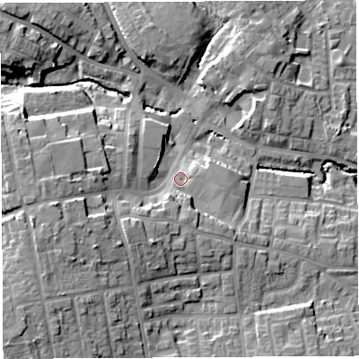 Shaded relief map of the ground around WN49AG, computed from Environment Agency LiDAR. The ground here sits at about 50 m above sea level and falls 17 m across the surrounding 800 m. Surface water reaching this point runs off ground lying to the south-south-west, 5.7 m higher.