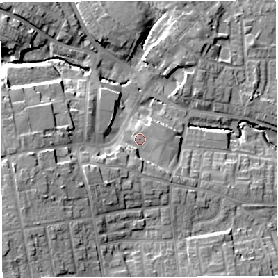 Shaded relief map of the ground around WN49AN, computed from Environment Agency LiDAR. The ground here sits at about 51 m above sea level and falls 17 m across the surrounding 800 m. Surface water reaching this point runs off ground lying to the south-west, 4.9 m higher.