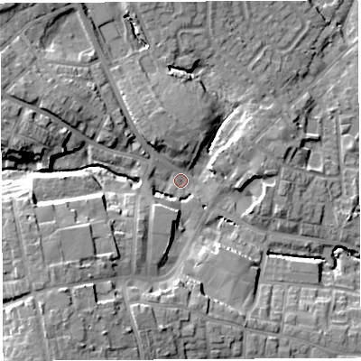 Shaded relief map of the ground around WN49AR, computed from Environment Agency LiDAR. The ground here sits at about 47 m above sea level and falls 17 m across the surrounding 800 m. Surface water reaching this point runs off ground lying to the south-west, 13.7 m higher.