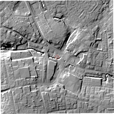 Shaded relief map of the ground around WN49AS, computed from Environment Agency LiDAR. The ground here sits at about 47 m above sea level and falls 17 m across the surrounding 800 m. Surface water reaching this point runs off ground lying to the south-west, 13.7 m higher.