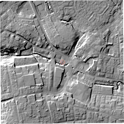 Shaded relief map of the ground around WN49AT, computed from Environment Agency LiDAR. The ground here sits at about 47 m above sea level and falls 17 m across the surrounding 800 m. Surface water reaching this point runs off ground lying to the south-west, 13.7 m higher.