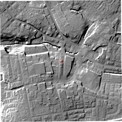 Shaded relief map of the ground around WN49AU, computed from Environment Agency LiDAR. The ground here sits at about 53 m above sea level and falls 15 m across the surrounding 800 m. Surface water reaching this point runs off ground lying to the west-south-west, 6.3 m higher.