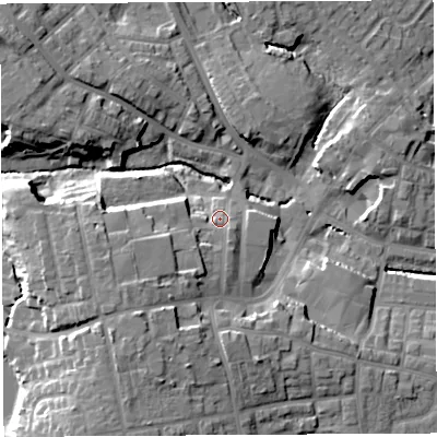 Shaded relief map of the ground around WN49AX, computed from Environment Agency LiDAR. The ground here sits at about 52 m above sea level and falls 15 m across the surrounding 800 m. Surface water reaching this point runs off ground lying to the south-west, 7.6 m higher.