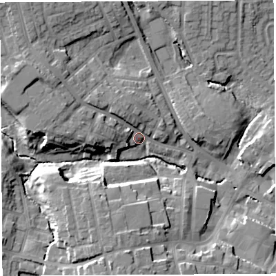 Shaded relief map of the ground around WN49BG, computed from Environment Agency LiDAR. The ground here sits at about 51 m above sea level and falls 14 m across the surrounding 800 m. Surface water reaching this point runs off ground lying to the west-north-west, 9.4 m higher.