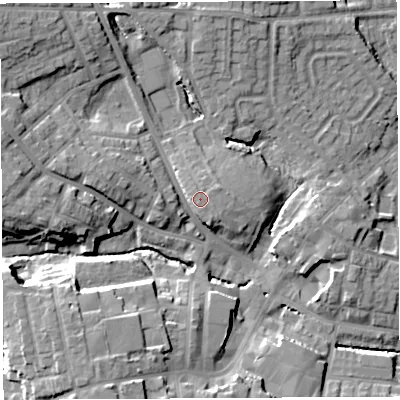 Shaded relief map of the ground around WN49BJ, computed from Environment Agency LiDAR. The ground here sits at about 52 m above sea level and falls 15 m across the surrounding 800 m. Surface water reaching this point runs off ground lying to the south-south-west, 2.8 m higher.