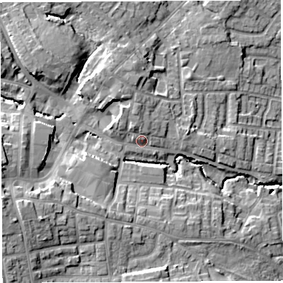 Shaded relief map of the ground around WN49DA, computed from Environment Agency LiDAR. The ground here sits at about 48 m above sea level and falls 20 m across the surrounding 800 m. Surface water reaching this point runs off ground lying to the west-south-west, 12.2 m higher.
