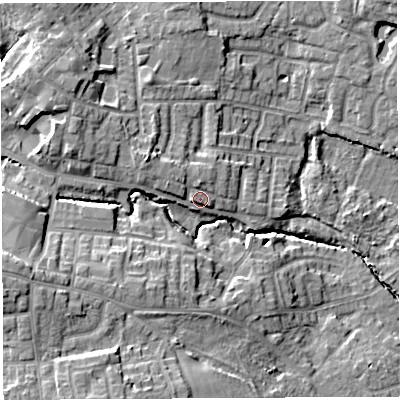 Shaded relief map of the ground around WN49DD, computed from Environment Agency LiDAR. The ground here sits at about 45 m above sea level and falls 17 m across the surrounding 800 m. Surface water reaching this point runs off ground lying to the north-west, 4.2 m higher.