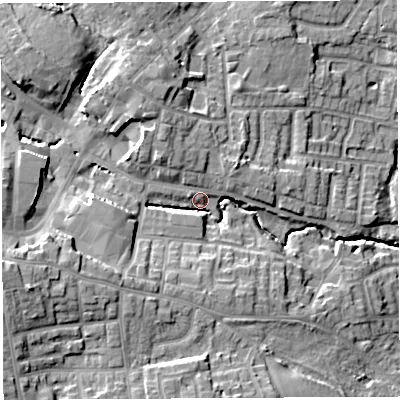 Shaded relief map of the ground around WN49DH, computed from Environment Agency LiDAR. The ground here sits at about 47 m above sea level and falls 20 m across the surrounding 800 m. Surface water reaching this point runs off ground lying to the west-south-west, 11.5 m higher.