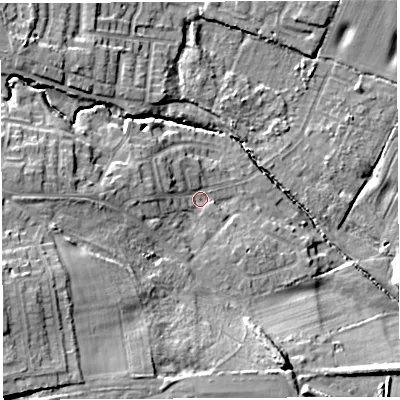 Shaded relief map of the ground around WN49HT, computed from Environment Agency LiDAR. The ground here sits at about 40 m above sea level and falls 17 m across the surrounding 800 m. Surface water reaching this point runs off ground lying to the west, 5.4 m higher.