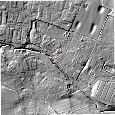 Shaded relief map of the ground around WN49HU, computed from Environment Agency LiDAR. The ground here sits at about 39 m above sea level and falls 17 m across the surrounding 800 m. Surface water reaching this point runs off ground lying to the west-north-west, 1.5 m higher.