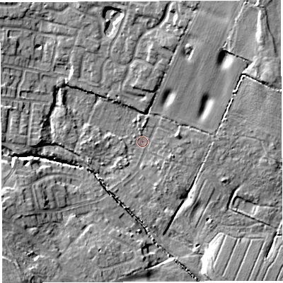 Shaded relief map of the ground around WN49HX, computed from Environment Agency LiDAR. The ground here sits at about 39 m above sea level and falls 19 m across the surrounding 800 m. Surface water reaching this point runs off ground lying to the north-east, 16.2 m higher.