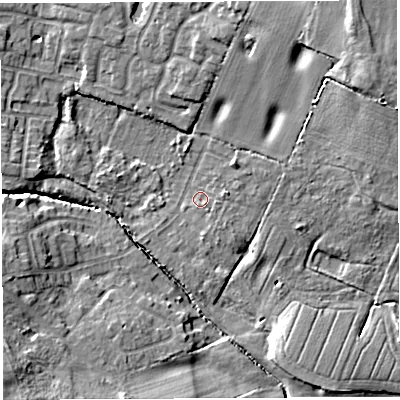 Shaded relief map of the ground around WN49HZ, computed from Environment Agency LiDAR. The ground here sits at about 39 m above sea level and falls 18 m across the surrounding 800 m. Surface water reaching this point runs off ground lying to the north-east, 2.7 m higher.