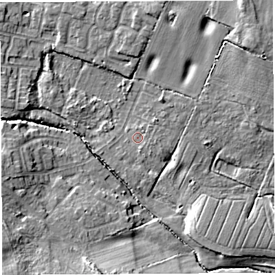 Shaded relief map of the ground around WN49JA, computed from Environment Agency LiDAR. The ground here sits at about 39 m above sea level and falls 18 m across the surrounding 800 m. Surface water reaching this point runs off ground lying to the north-east, 1.2 m higher.