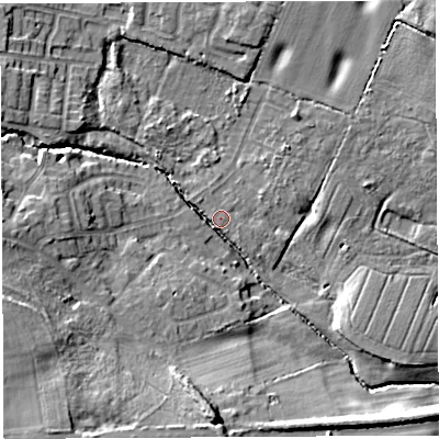 Shaded relief map of the ground around WN49JB, computed from Environment Agency LiDAR. The ground here sits at about 39 m above sea level and falls 17 m across the surrounding 800 m. Surface water reaching this point runs off ground lying to the west, 10.7 m higher.