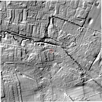 Shaded relief map of the ground around WN49JD, computed from Environment Agency LiDAR. The ground here sits at about 40 m above sea level and falls 17 m across the surrounding 800 m. Surface water reaching this point runs off ground lying to the west-south-west, 6.9 m higher.