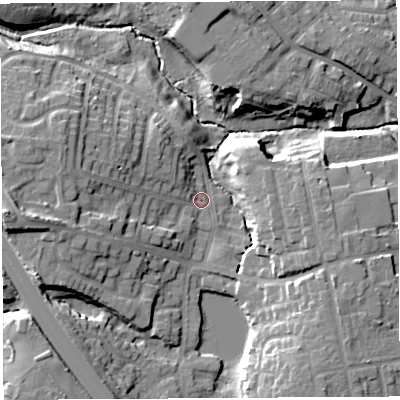 Shaded relief map of the ground around WN49JY, computed from Environment Agency LiDAR. The ground here sits at about 50 m above sea level and falls 16 m across the surrounding 800 m. Surface water reaching this point runs off ground lying to the west, 13.6 m higher.
