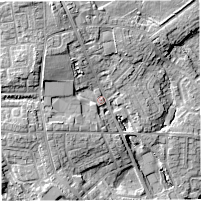 Shaded relief map of the ground around WN49SL, computed from Environment Agency LiDAR. The ground here sits at about 55 m above sea level and falls 17 m across the surrounding 800 m. Surface water reaching this point runs off ground lying to the west-north-west, 8.3 m higher.