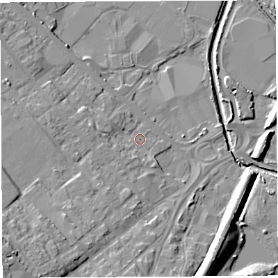 Shaded relief map of the ground around WN50AR, computed from Environment Agency LiDAR. The ground here sits at about 25 m above sea level and falls 15 m across the surrounding 800 m. Surface water reaching this point runs off ground lying to the south-west, 2.5 m higher.