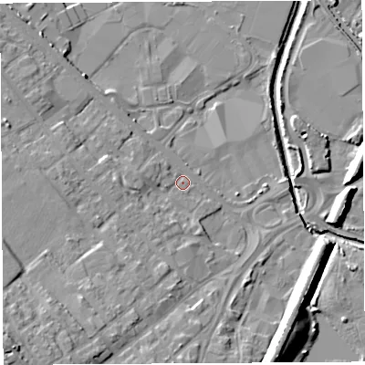 Shaded relief map of the ground around WN50BH, computed from Environment Agency LiDAR. The ground here sits at about 25 m above sea level and falls 15 m across the surrounding 800 m. Surface water reaching this point runs off ground lying to the west, 4.2 m higher.