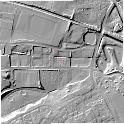 Shaded relief map of the ground around WN50LD, computed from Environment Agency LiDAR. The ground here sits at about 26 m above sea level and falls 16 m across the surrounding 800 m. Surface water reaching this point runs off ground lying to the west, 1.8 m higher.