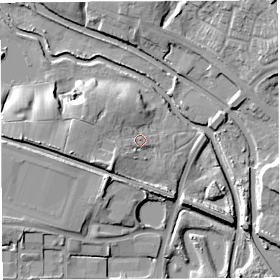 Shaded relief map of the ground around WN50LZ, computed from Environment Agency LiDAR. The ground here sits at about 26 m above sea level and falls 18 m across the surrounding 800 m. Surface water reaching this point runs off ground lying to the west, 6.9 m higher.