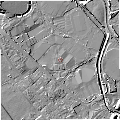 Shaded relief map of the ground around WN50UH, computed from Environment Agency LiDAR. The ground here sits at about 24 m above sea level and falls 11 m across the surrounding 800 m. Surface water reaching this point runs off ground lying to the south, 0.8 m higher.