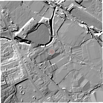 Shaded relief map of the ground around WN50UJ, computed from Environment Agency LiDAR. The ground here sits at about 25 m above sea level and falls 14 m across the surrounding 800 m. Surface water reaching this point runs off ground lying to the west, 1.4 m higher.