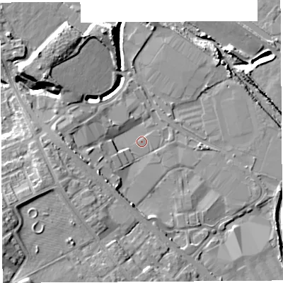 Shaded relief map of the ground around WN50UL, computed from Environment Agency LiDAR. The ground here sits at about 24 m above sea level and falls 12 m across the surrounding 800 m. Surface water reaching this point runs off ground lying to the west, 5.2 m higher.