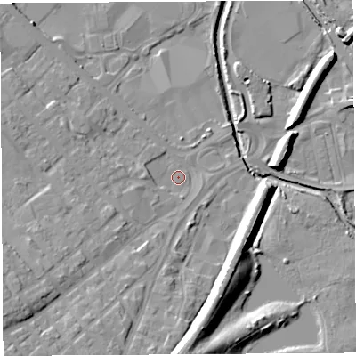 Shaded relief map of the ground around WN50UU, computed from Environment Agency LiDAR. The ground here sits at about 24 m above sea level and falls 15 m across the surrounding 800 m. Surface water reaching this point runs off ground lying to the south-west, 10.2 m higher.