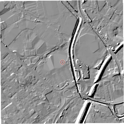 Shaded relief map of the ground around WN50UW, computed from Environment Agency LiDAR. The ground here sits at about 24 m above sea level and falls 12 m across the surrounding 800 m. Surface water reaching this point runs off ground lying to the south-south-east, 0.7 m higher.