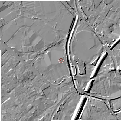 Shaded relief map of the ground around WN50UX, computed from Environment Agency LiDAR. The ground here sits at about 24 m above sea level and falls 12 m across the surrounding 800 m. Surface water reaching this point runs off ground lying to the west-south-west, 1.6 m higher.