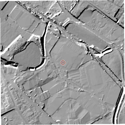 Shaded relief map of the ground around WN50UZ, computed from Environment Agency LiDAR. The ground here sits at about 24 m above sea level and falls 11 m across the surrounding 800 m. Surface water reaching this point runs off ground lying to the north-north-east, 0.6 m higher.