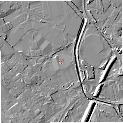 Shaded relief map of the ground around WN50XA, computed from Environment Agency LiDAR. The ground here sits at about 23 m above sea level and falls 12 m across the surrounding 800 m. Surface water reaching this point runs off ground lying to the south-south-west, 1.5 m higher.