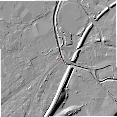 Shaded relief map of the ground around WN50XD, computed from Environment Agency LiDAR. The ground here sits at about 24 m above sea level and falls 15 m across the surrounding 800 m. Surface water reaching this point runs off ground lying to the west, 1.0 m higher.