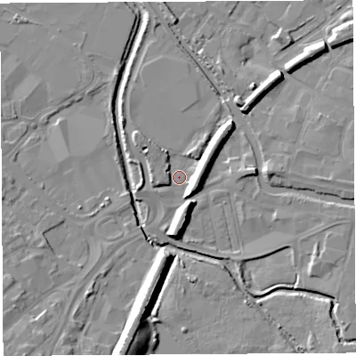 Shaded relief map of the ground around WN50XG, computed from Environment Agency LiDAR. The ground here sits at about 23 m above sea level and falls 13 m across the surrounding 800 m. Surface water reaching this point runs off ground lying to the north-east, 8.2 m higher.