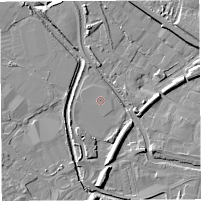 Shaded relief map of the ground around WN50XN, computed from Environment Agency LiDAR. The ground here sits at about 24 m above sea level and falls 12 m across the surrounding 800 m. The ground contributing surface water to this point lies to the north-east.