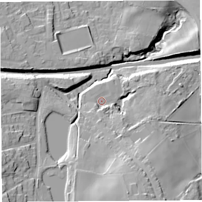 Shaded relief map of the ground around WN57XB, computed from Environment Agency LiDAR. The ground here sits at about 87 m above sea level and falls 33 m across the surrounding 800 m. Surface water reaching this point runs off ground lying to the south-south-east, 15.4 m higher.