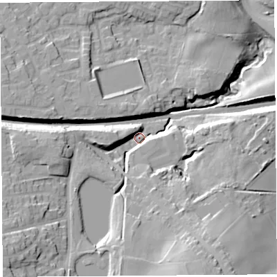 Shaded relief map of the ground around WN57XH, computed from Environment Agency LiDAR. The ground here sits at about 82 m above sea level and falls 31 m across the surrounding 800 m. Surface water reaching this point runs off ground lying to the south-south-east, 24.1 m higher.